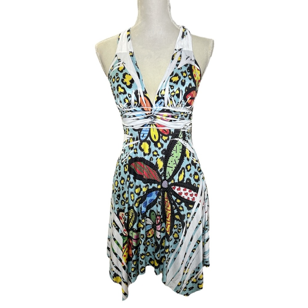 Katydid Blue and Green Asymmetrical Dress with Vibrant Patterns